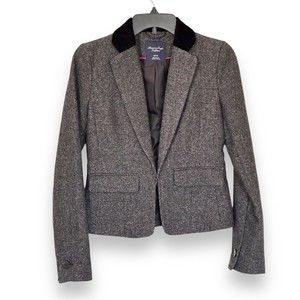 American Eagle XS Silver Gray Black Tweed Blazer Wool Blend Velvet Collar